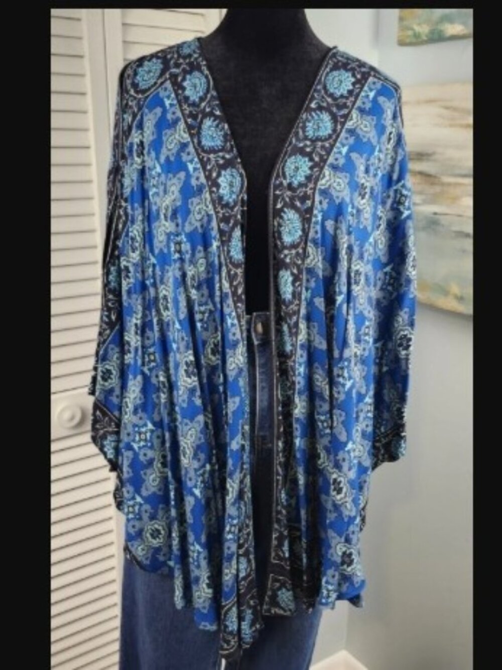 Angie Kimono Blue Black Floral Cape One Size Festival Boho